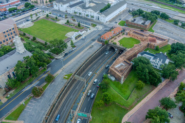 Aerial view of the George Wallace tunnel and Fort Conde at sunset