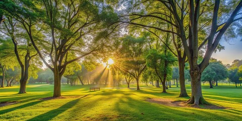 Tranquil morning scene of a park with sunlight filtering through the trees, peaceful, sunrise, misty, serene, serene, peaceful