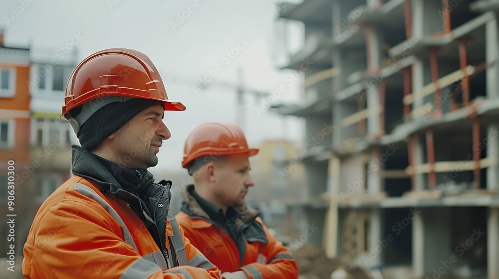 Poster Engineer and foreman worker team checking project at precast factory site Engineer and builders in hardhats discussing on construction site : Generative AI