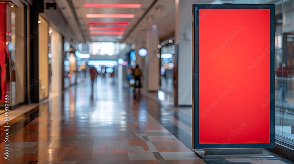 Poster red blank sign inside shopping mall mock up advertise display frame setting over the clothes line in