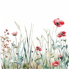 Obraz premium Watercolor tall grass and red poppys on a white background