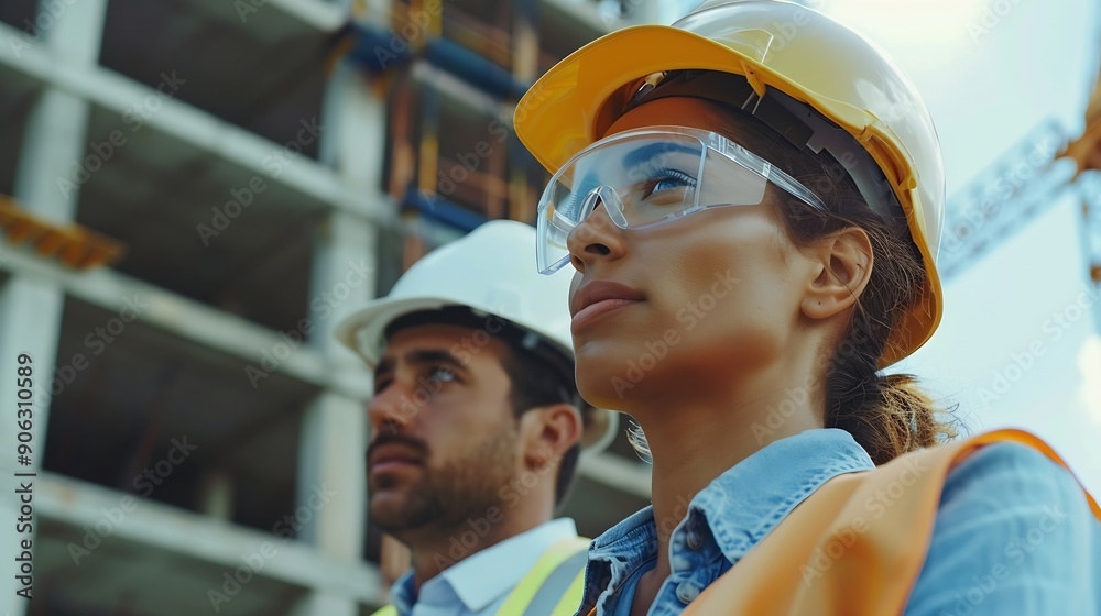 Poster Engineer and female foreman worker team checking project at precast factory site Engineer and builders in hardhats discussing on construction site : Generative AI
