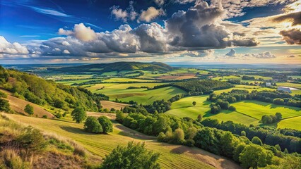 Fototapeta premium Panoramic view of a beautiful landscape from the top of a hill , nature, scenery, mountains, horizon, sky, clouds