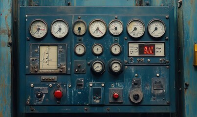 Vintage Industrial Control Panel with Gauges and Digital Display