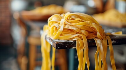 Homemade pasta drying on chair against dark background closeup : Generative AI