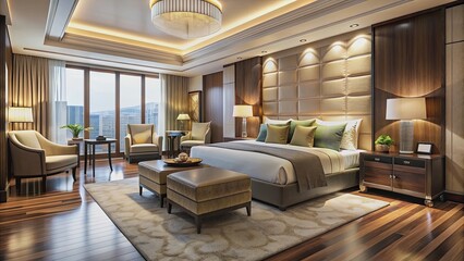 Naklejka premium Luxurious hotel room with modern design and elegant furnishings, hotel, room, interior, luxury, modern, design, elegant