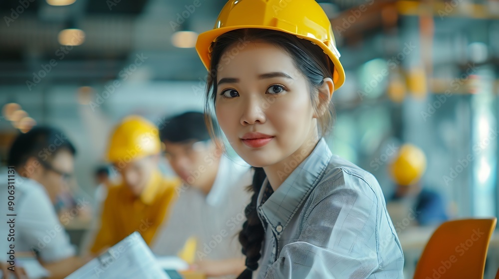 Poster diverse engineer team working at the office table with construction plans and architect equipment an
