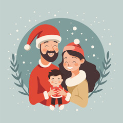 Christmas family. Mom, dad and baby in New Year's costumes. Flat vector illustration