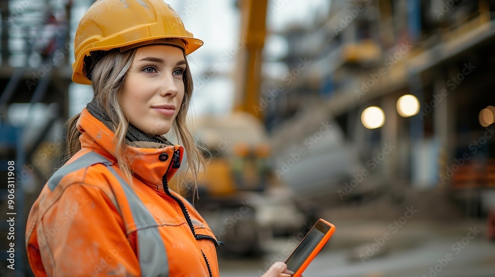 Poster female engineer with digital tablet at construction site factory foreman worker in hardhat at the pr