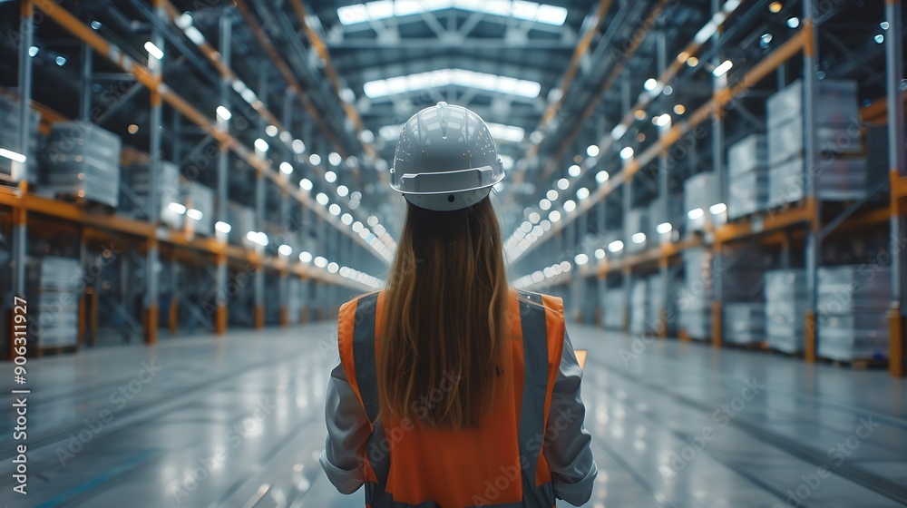 Aufkleber Industry 40 Modern Warehouse Female Engineer in Empty Warehouse Uses Digital Tablet Computer with Augmented Reality Software for Future Factory or Warehouse Layout Concept Shot of Augm : Generative AI