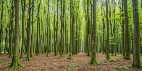Fototapeta premium Dense hornbeam forest with thin and long stems , Hornbeam, forest, trees, dense, nature, greenery, tranquil, peaceful, foliage