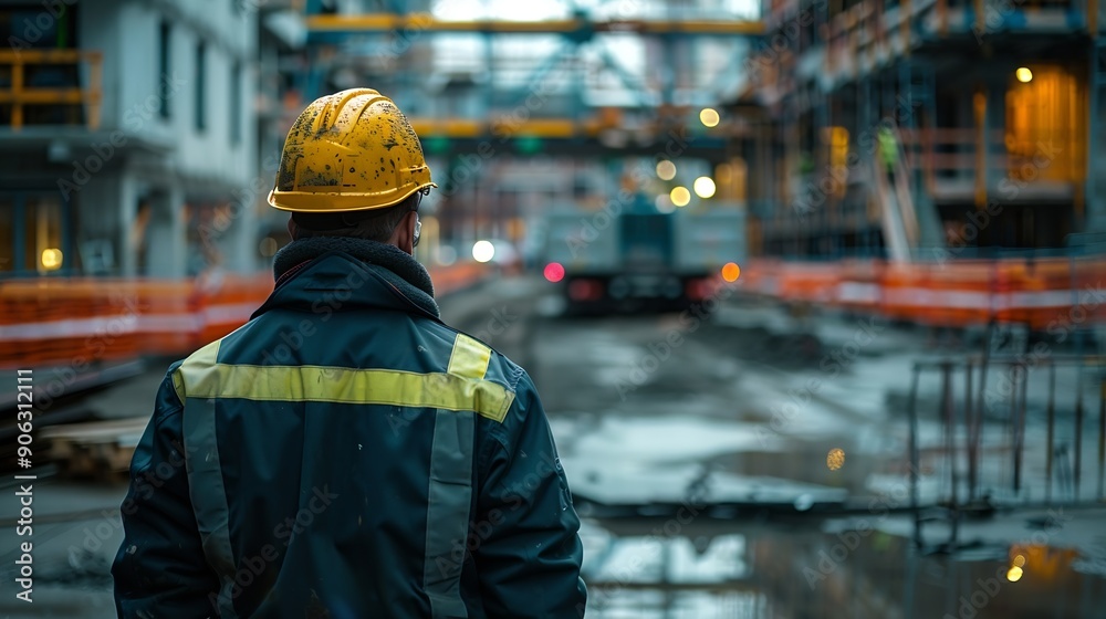 Poster Man checking work process on construction site working : Generative AI
