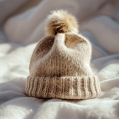 Warm Knit Beanie With Pom Pom Lying on Soft Blanket in Natural Light