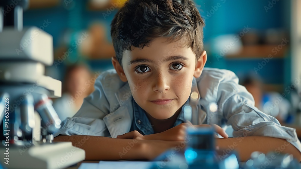Aufkleber Composition of boy using microscope in science class with blue blurred copy space to right education and science research concept digitally generated image : Generative AI