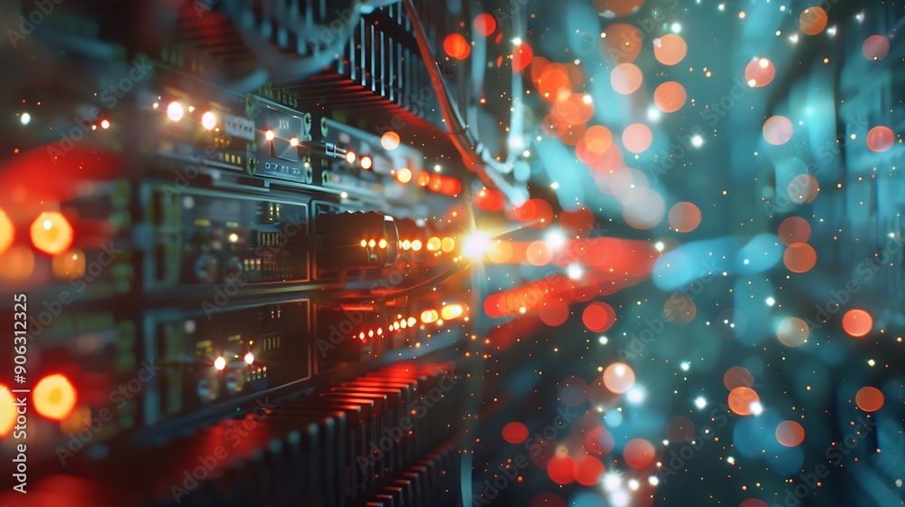 Poster blur technology data center room defocus fiber optic cable and network router switch in data center room for background and wallpaper : Generative AI