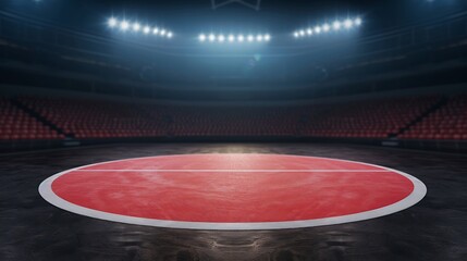 Empty Sports Arena, Quiet Before the Event, Indoor Sports Venue, Red Seating, Arena Flooring, Event Preparation, Silent Stadium, Anticipation of Game Day