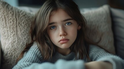 One sad girl sits in anxiety and despair on sofa at home Concept of bullying depressive stress or disappointment sadness Child abuse : Generative AI