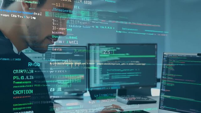 A software developer analyzes code and data in a contemporary office setting
