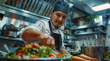 Fototapeta premium A young Mexican chef is cooking inside a modern restaurant kitchenThe Latin man is making a salad for a diners menuConcept of an American chef in a haute cuisine : Generative AI