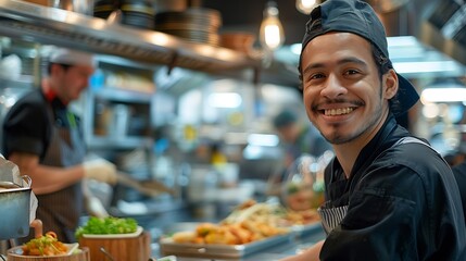 Fast Food Vendor Smiling from Behind the Counter Restaurant employee working serving customers : Generative AI