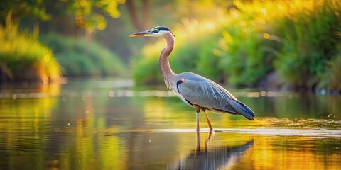 Naklejka premium Heron gracefully wading in a serene river , wildlife, bird, nature, water, peaceful, serene, feathers, elegant, beauty