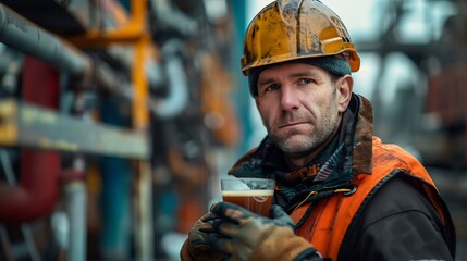 A construction worker at a construction site drinks coffee during a break builder man in a helmet and vest holding a glass of coffee a construction inspector in a helmet drinking coffe : Generative AI