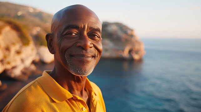 Cropped image of smiling african american bald senior man against scenic view of sea and clear sky Copy space summer portrait unaltered lifestyle vacation retirement enjoyment and natu : Generative AI