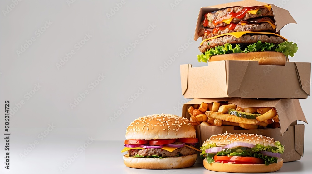 Aufkleber stack of fast food boxes on white background : generative ai