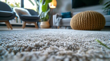 Fluffy carpet and stylish furniture on floor indoors low angle view : Generative AI