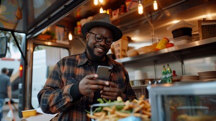 Obraz premium Black man making payment with smartphone in food truck : Generative AI