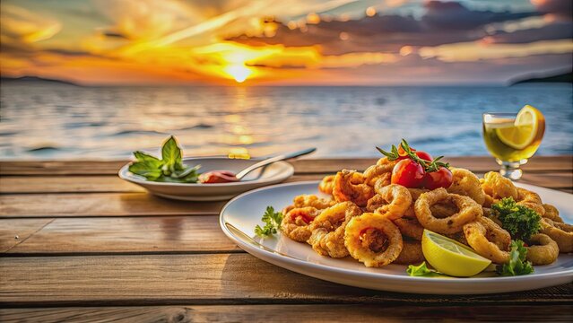 Luxurious fried calamar served by the seaside with a warm sunset ambiance , seafood, fried, calamar, squid, gourmet