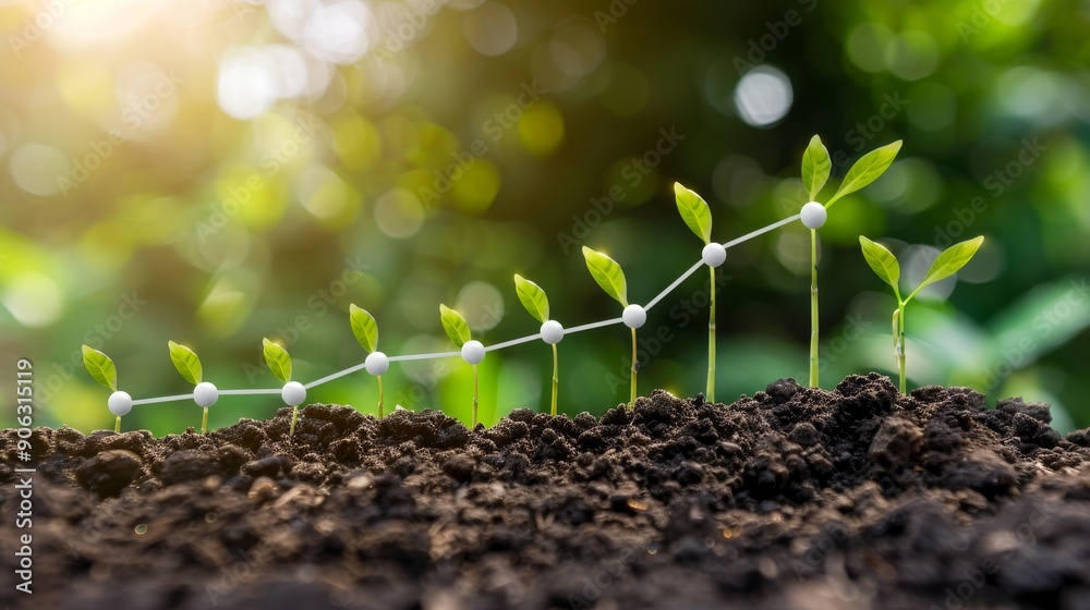 Wall mural a sequence of young plants growing in soil with sun shining in b