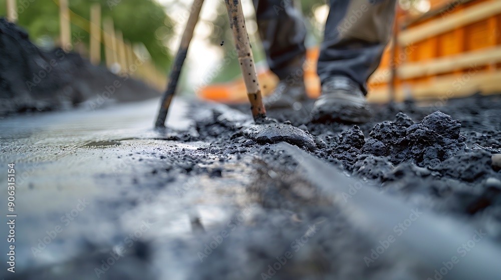Poster Man working on smoothing concrete driveway for the new home build at construction site Architecture and exterior structure base progress safety foundation pavement ground Real estate i : Generative AI
