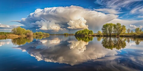 Rain cloud reflecting on calm river creating mirror-like surface, nature, weather, reflection, serene, tranquil, peaceful