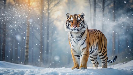 Obraz premium Beautiful tiger standing in a snowy forest, with snowflakes falling gently around it , tiger, beautiful, snowfall, forest