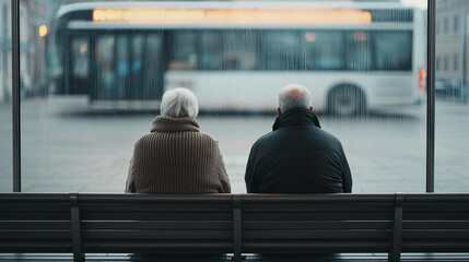 Two Elderly People, Grandma and Grandpa, Sitting at Bus Station - Senior Husband and Wife Waiting for Public City Transportation, Pensioner Passengers Photo