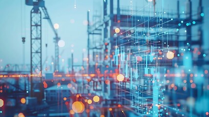 Image of financial data processing over crane and construction site global development business finance digital interface and data processing concept digitally generated image : Generative AI