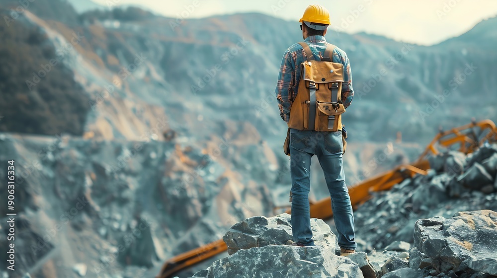 Leinwandbilder Man construction engineer wears helmet ensure safety when working in construction zone standing on pile rocks looking checking for completeness in case there is error so that it can be : Generative AI