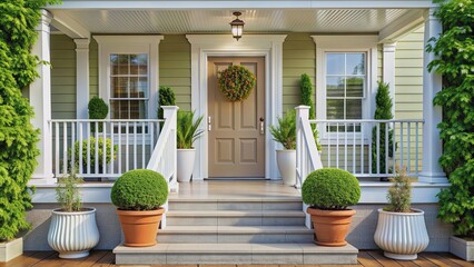 House entrance porch with white railings and potted plants , porch, house, entrance, railing, white, potted plants