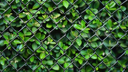 Fototapeta premium Chain-link fence against lush greenery