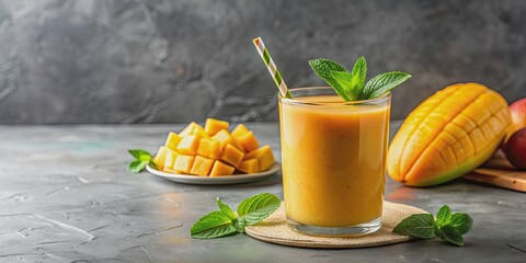 Fototapeta premium Refreshing tropical mango smoothie in a glass with fresh fruit, mint and straw on gray concrete background, mango, smoothie