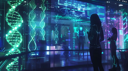 Fototapeta premium Futuristic genetics conference with holographic displays of chromosomes where scientists from around the world share breakthroughs in genetic technology