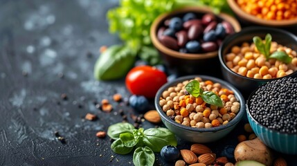 Vegan health food for a plant based diet with a large collection of food high in antioxidants protein minerals fibre anthocyanins vitamins lycopene omega 3  smart carbs Healthy eating  : Generative AI