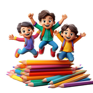 recommend clip art: 3d render happy school children holding books and pencils jumping with a white background, png.