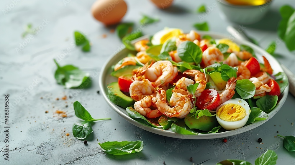 Poster Healthy salad with squid and avocado on white plate with harsh shadows Calamari salad with vegetables and eggs on white background with shadows of leaves Summer food menu : Generative AI