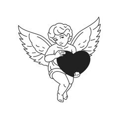 Glam winged Cupid angel baby boy flying with heart Y2k retro black line icon vector flat