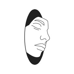 Weird human face mask out of black hole Y2k comic monochrome outline icon vector flat illustration