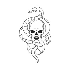Y2k snake with skull neo gothic emo death psychedelic outline black icon vector illustration