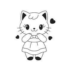 Y2k Kawaii glamour baby girl cat kitten with heart outline black icon vector flat illustration