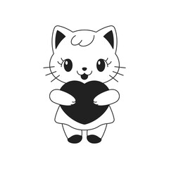 Y2k Kawaii baby cat holding big heart love outline black icon vector flat illustration